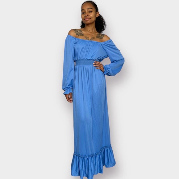 70s Blue Long Sleeve Maxi Dress - Picture 2 of 5